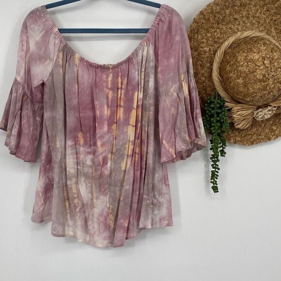 Hem & Thread Tie Dye‎ Bell Sleeve Swing Top Off Shoulder Mauve Pink M New - Picture 6 of 10